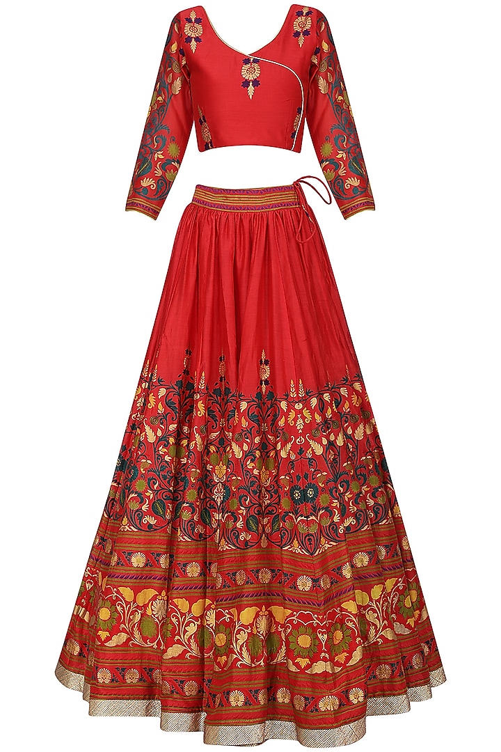 Red hand printed metallic trim lehenga set available only at Pernia's ...