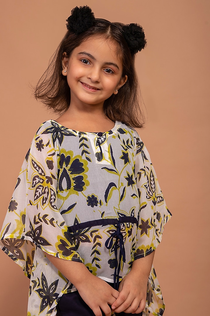 White Printed Kaftan Top For Girls by The Yellow Gypsy at Pernia's Pop Up Shop