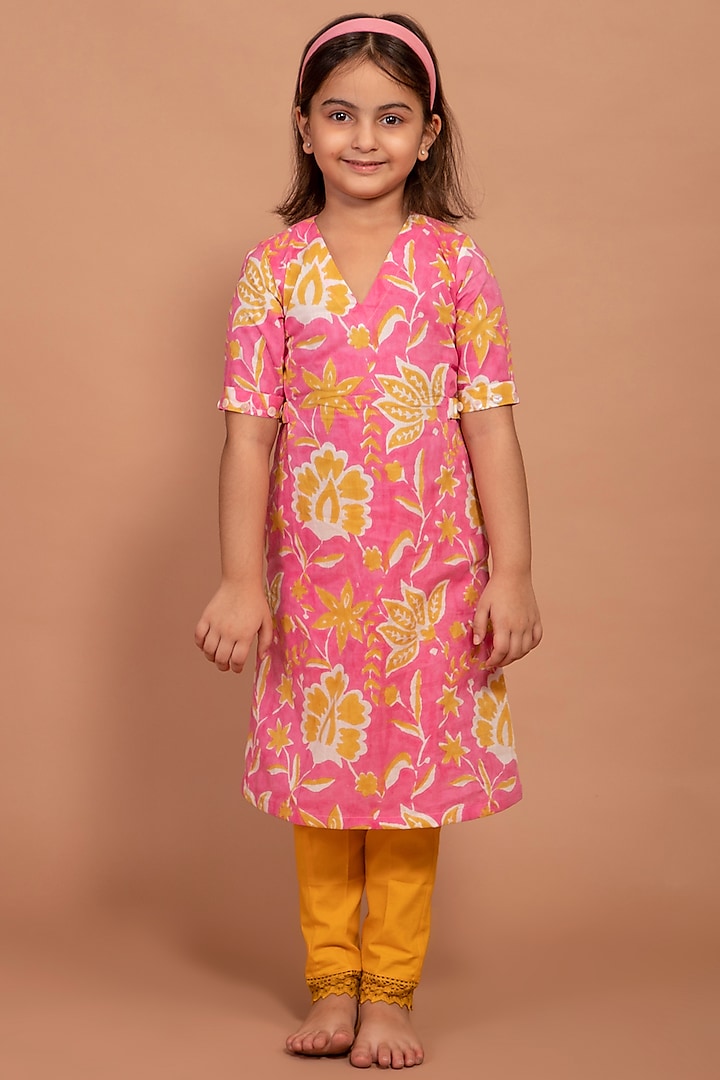 Pink Printed A-Line Kurta Set For Girls by The Yellow Gypsy