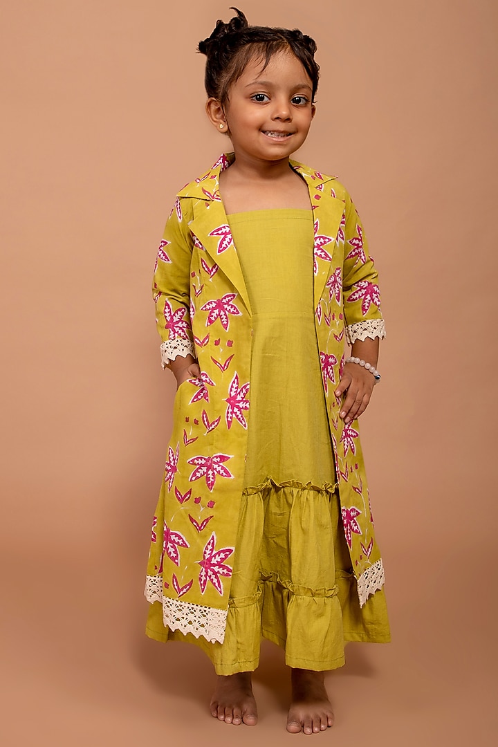 Green Printed Jacket Dress For Girls by The Yellow Gypsy