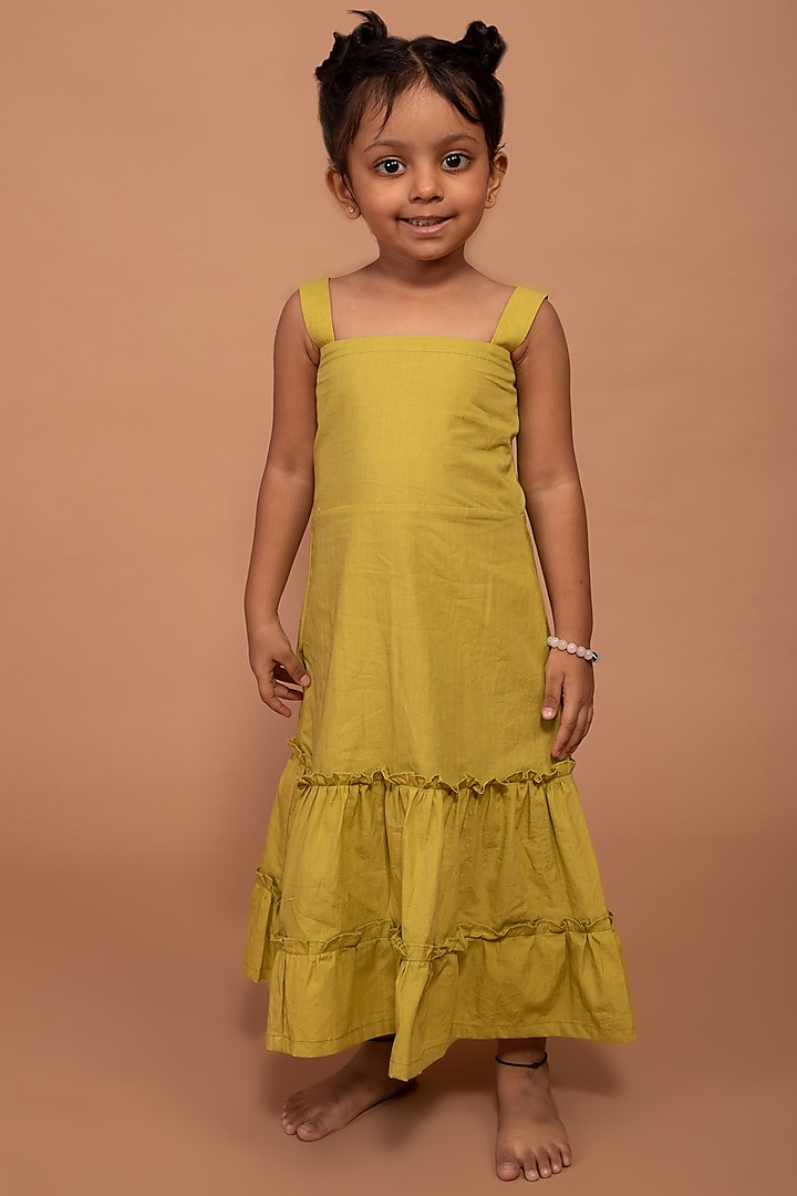 Green Cotton Hand-Dyed Dress For Girls by The Yellow Gypsy