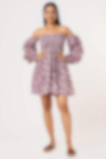 Lavender Hand Block Printed Off-Shoulder Dress by Yesha Sant