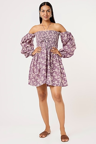 Lavender Hand Block Printed Off-Shoulder Dress by Yesha Sant