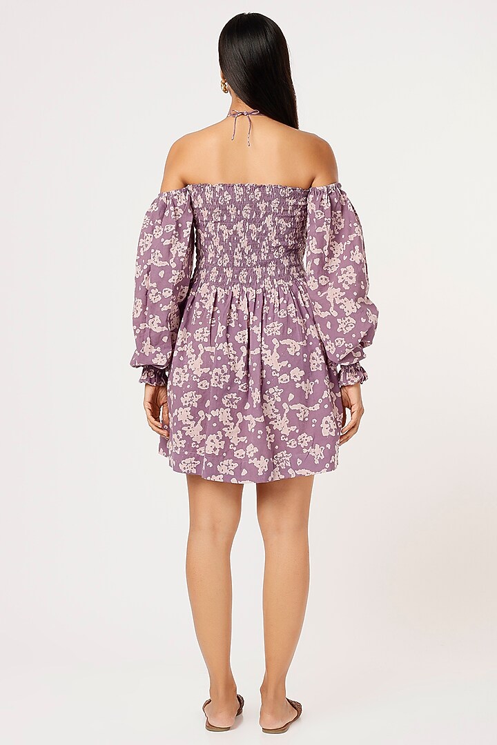 Lavender Hand Block Printed Off-Shoulder Summer Dress by Yesha Sant at Pernia's Pop Up Shop