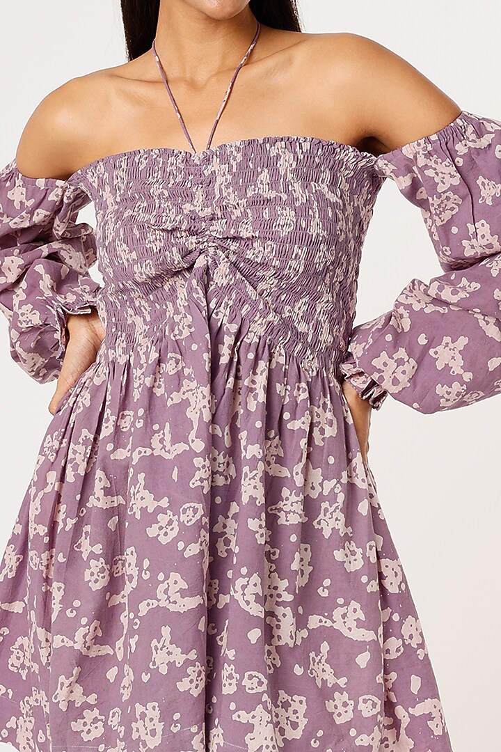 Lavender Hand Block Printed Off-Shoulder Summer Dress by Yesha Sant at Pernia's Pop Up Shop