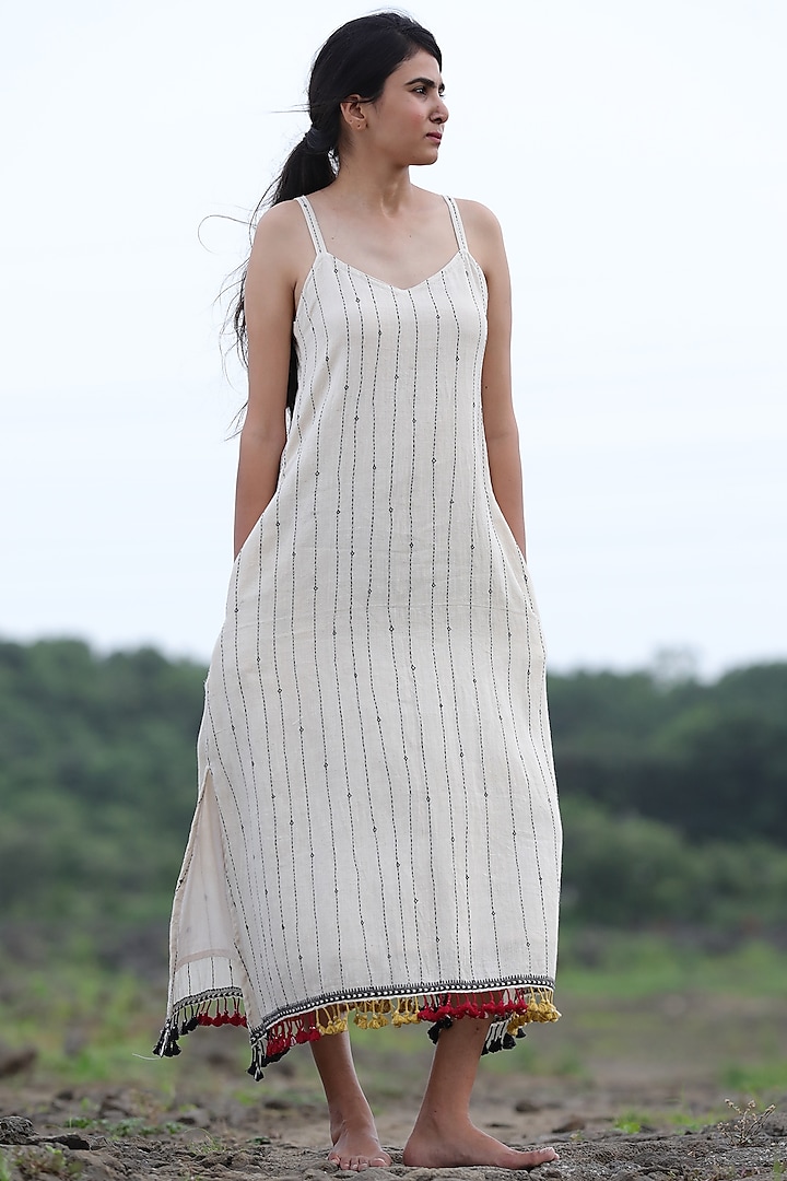 Ivory Embroidered Spaghetti Dress by Yesha Sant at Pernia's Pop Up Shop