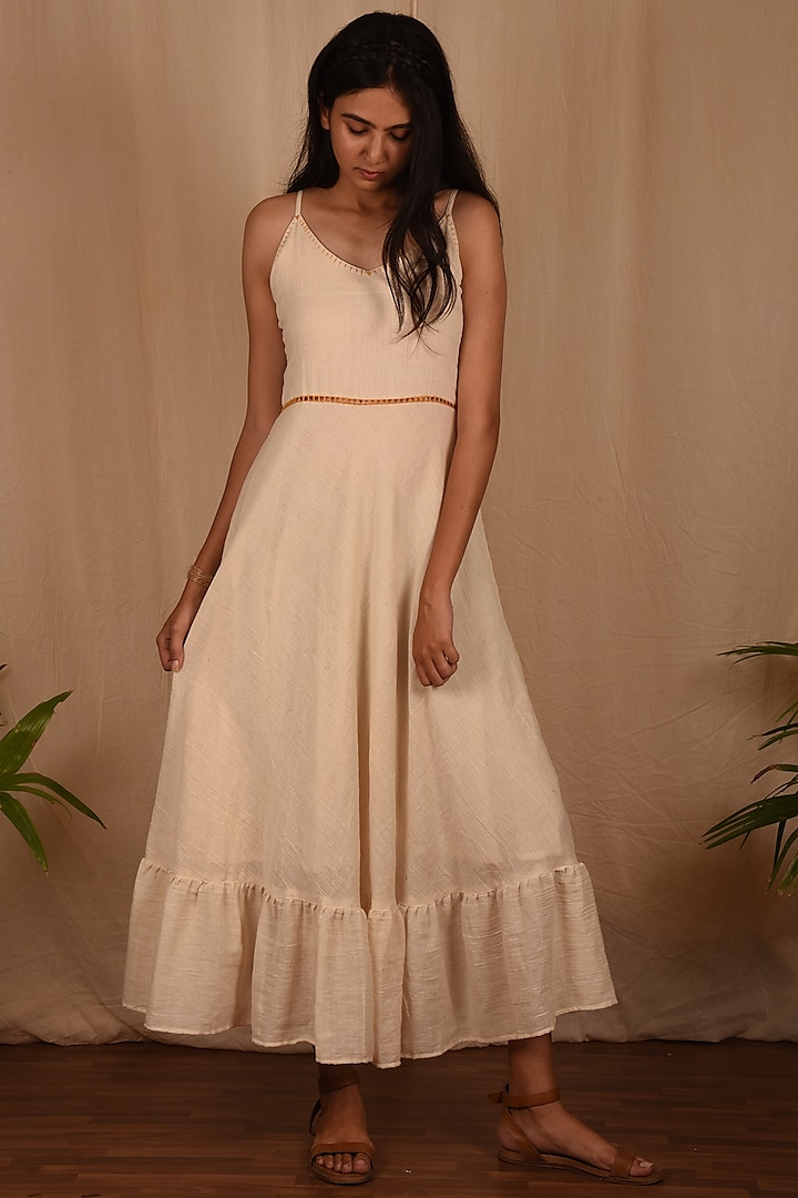Off White Embroidered Flared Spaghetti Dress by Yesha Sant