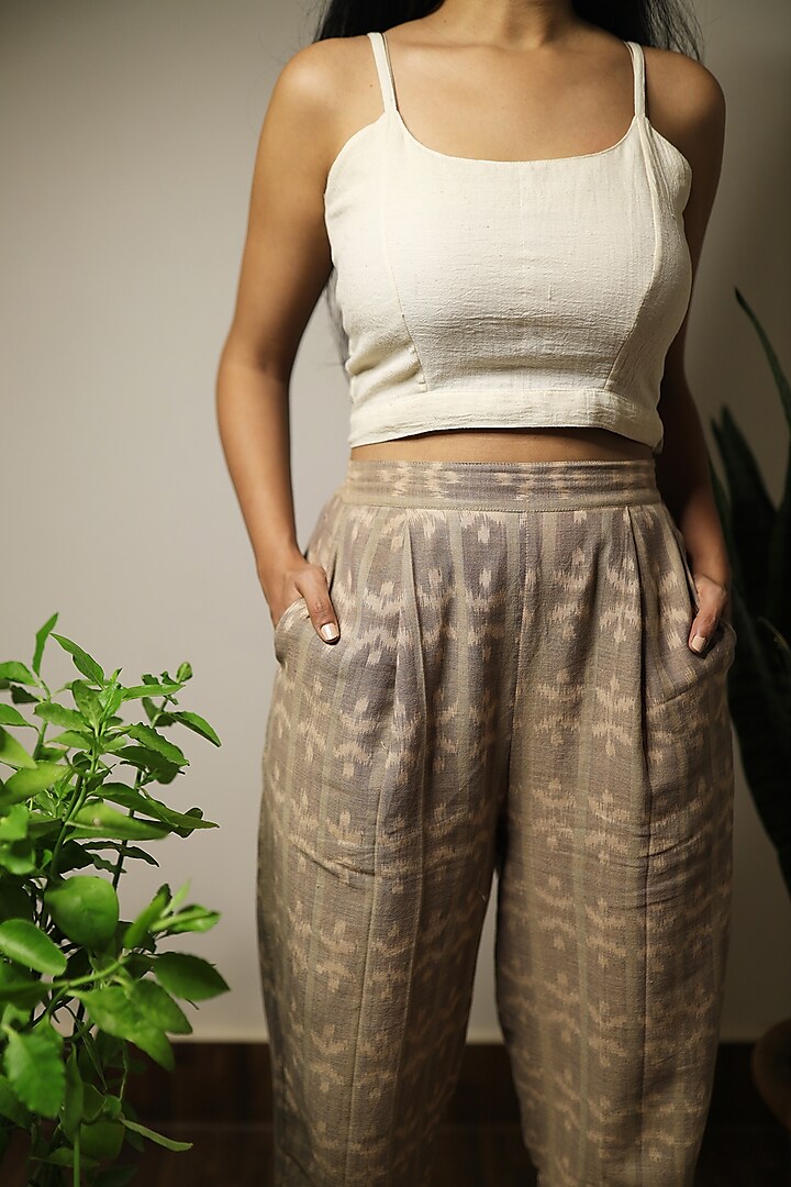 Beige Handwoven Ikat Printed Pants by Yesha Sant
