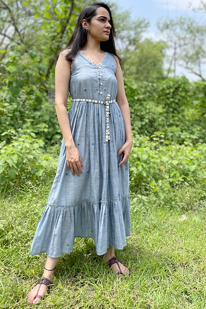 Blue Jamdani Cotton Dress by Yesha Sant