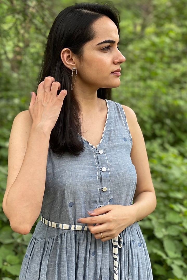 Blue Jamdani Cotton Summer Dress by Yesha Sant at Pernia's Pop Up Shop