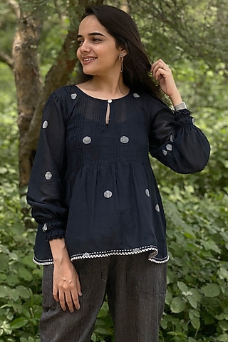 Black Jamdani Cotton Top With Motifs by Yesha Sant