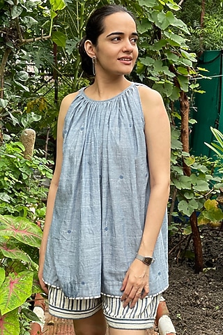 Blue Jamdani Cotton Top With Motifs by Yesha Sant