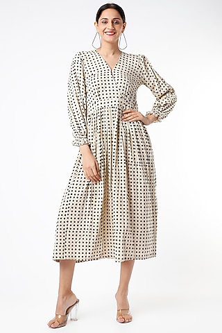 Off-White Hand Block Ajrakh Printed Dress by Yesha Sant