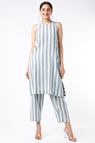 Sky Blue Striped Kurta Set by Yesha Sant