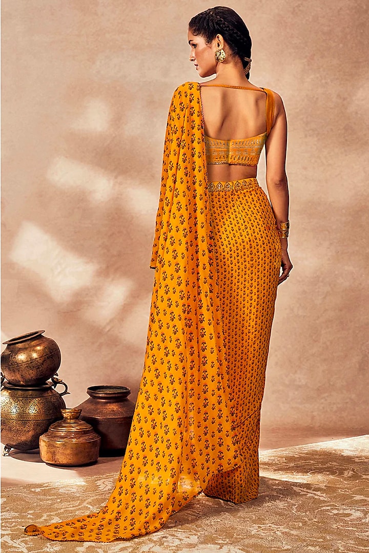 Yellow Georgette Digital Printed & Sequins Embellished Pre-Stitched Wedding Saree Set by Masaba at Pernia's Pop Up Shop