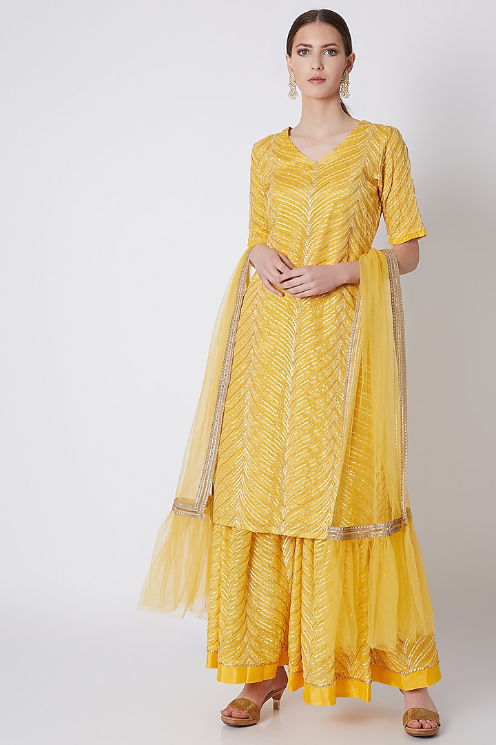 Yellow Embroidered Sharara Set by Yuvrani Jaipur