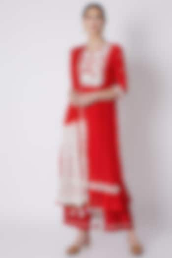 Red Embroidered Kurta Set by Yuvrani Jaipur