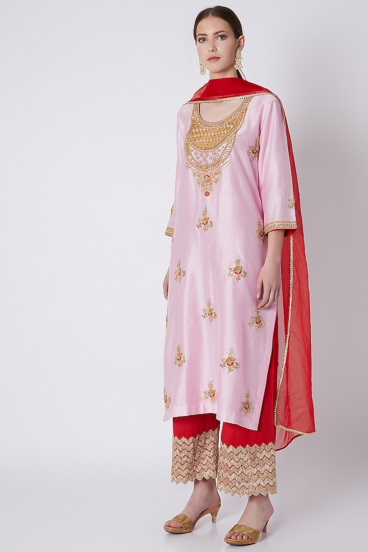 Pink & Red Embroidered Kurta Set by Yuvrani Jaipur