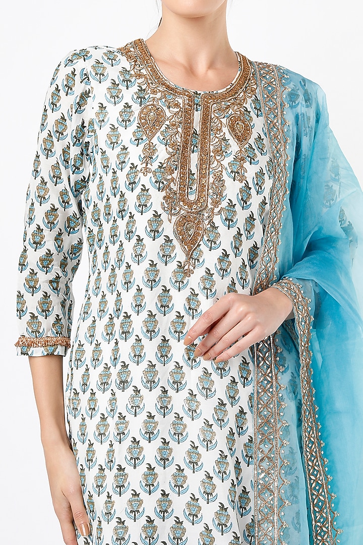 Cobalt Blue Block Printed Kurta With Dupatta by Yuvrani Jaipur at Pernia's Pop Up Shop