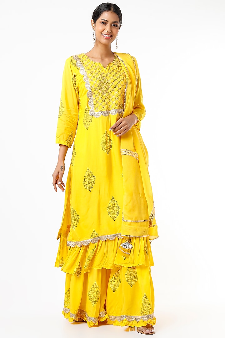 Yellow Muslin Sharara Set by Yuvrani Jaipur