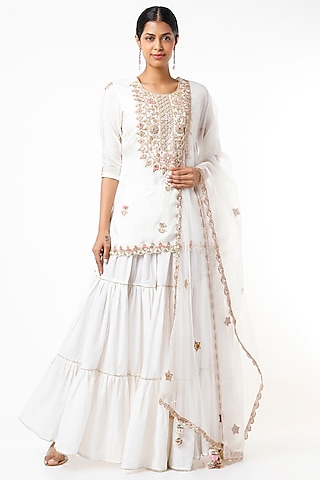 Ivory Cotton Layered Skirt Set by Yuvrani Jaipur