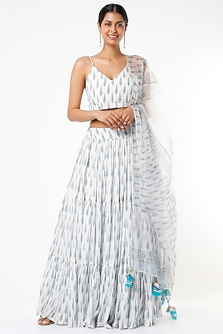 Ivory & Blue Block Printed Lehenga Set by Yuvrani Jaipur