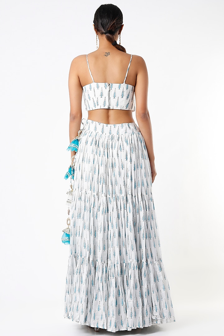 Ivory & Blue Block Printed Lehenga Set by Yuvrani Jaipur at Pernia's Pop Up Shop