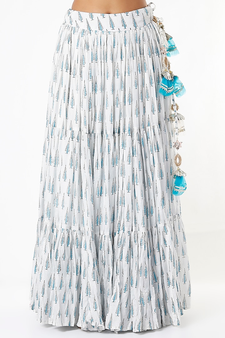 Ivory & Blue Block Printed Lehenga Set by Yuvrani Jaipur at Pernia's Pop Up Shop