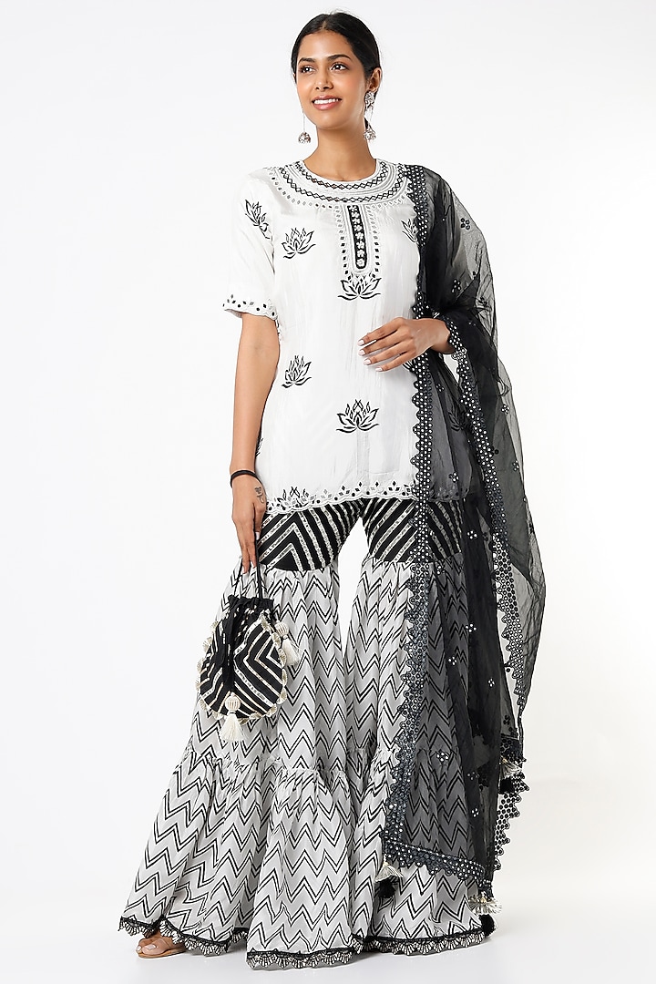 Black Hand Block Printed Sharara Set by Yuvrani Jaipur at Pernia's Pop Up Shop