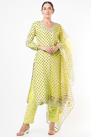 Neon Green Block Printed Kurta Set by Yuvrani Jaipur