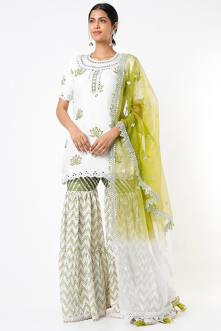 Ivory & Green Hand Block Printed Sharara Set by Yuvrani Jaipur at Pernia's Pop Up Shop