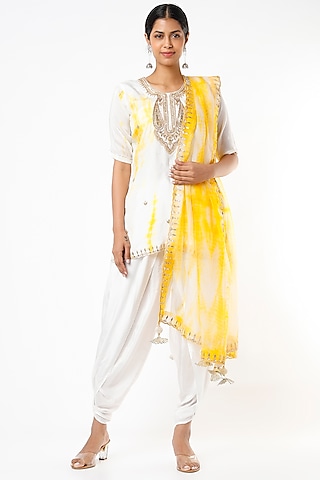 Ivory & Yellow Crepe Dhoti Set by Yuvrani Jaipur