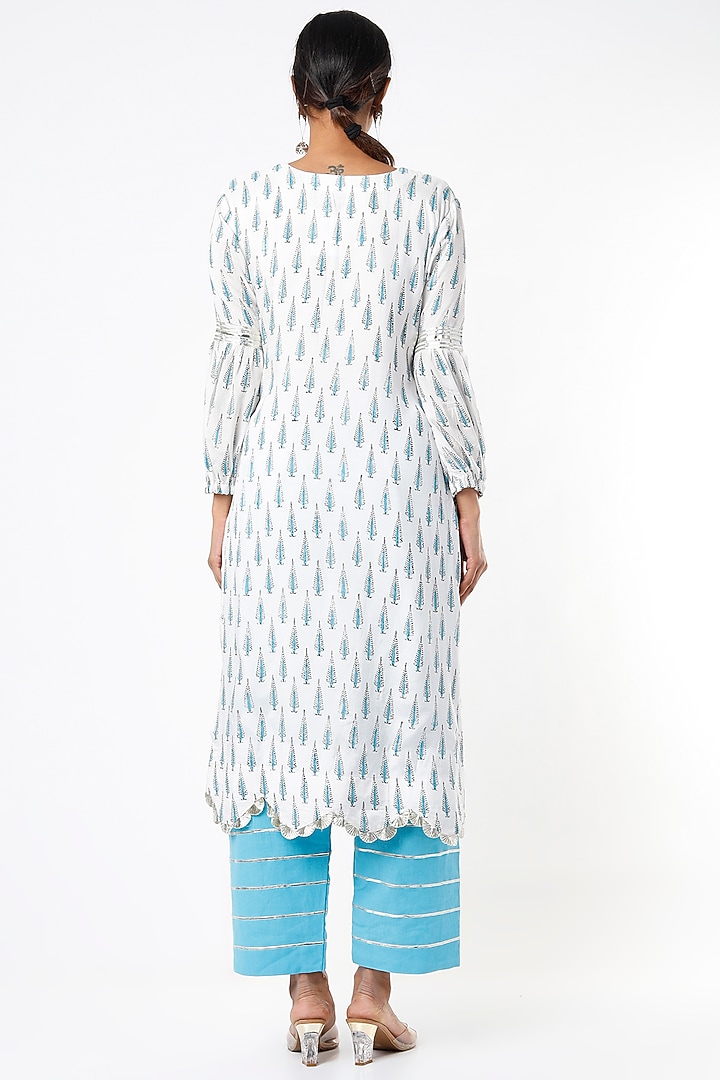Ivory & Blue Block Printed Kurta Set by Yuvrani Jaipur at Pernia's Pop Up Shop