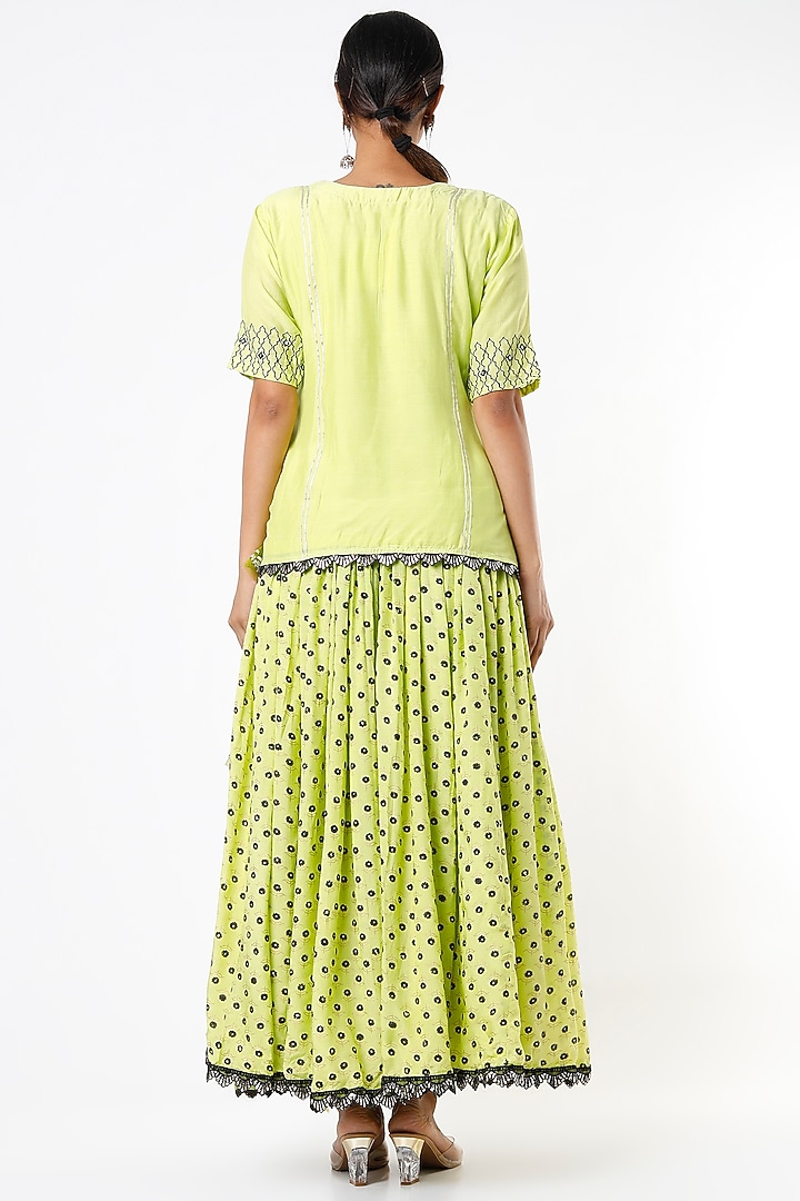 Neon Green Hand Block Printed Skirt Set by Yuvrani Jaipur at Pernia's Pop Up Shop