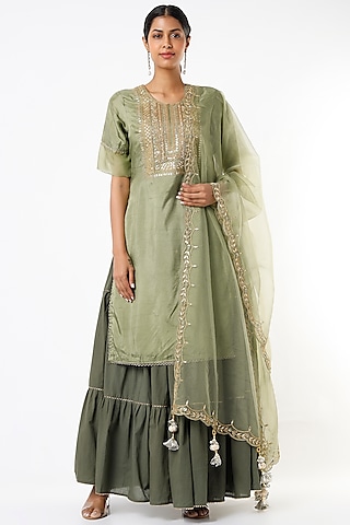 Dark Green Cotton Skirt Set by Yuvrani Jaipur