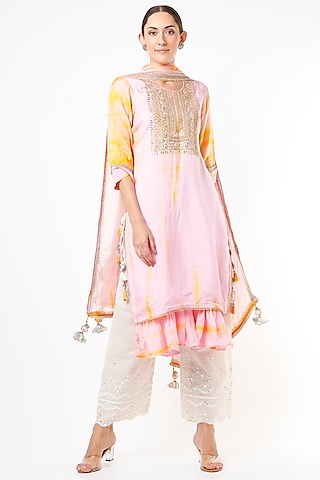 Mustard & Baby Pink Hand Embroidered Kurta Set by Yuvrani Jaipur