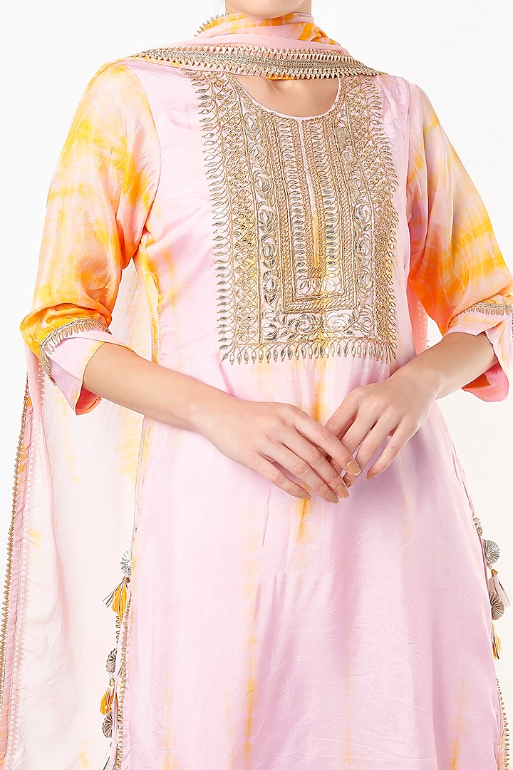 Mustard & Baby Pink Hand Embroidered Kurta Set by Yuvrani Jaipur at Pernia's Pop Up Shop