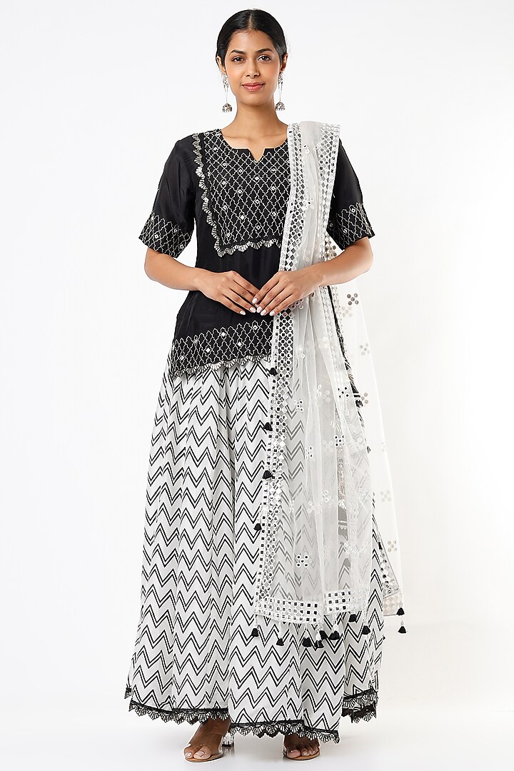 Ivory & Black Hand Block Printed Skirt Set by Yuvrani Jaipur