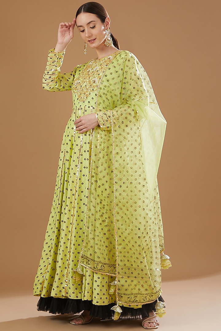 Neon Green Muslin & Shantoon Hand Embroidered Party Wear Anarkali Set by Yuvrani Jaipur at Pernia's Pop Up Shop