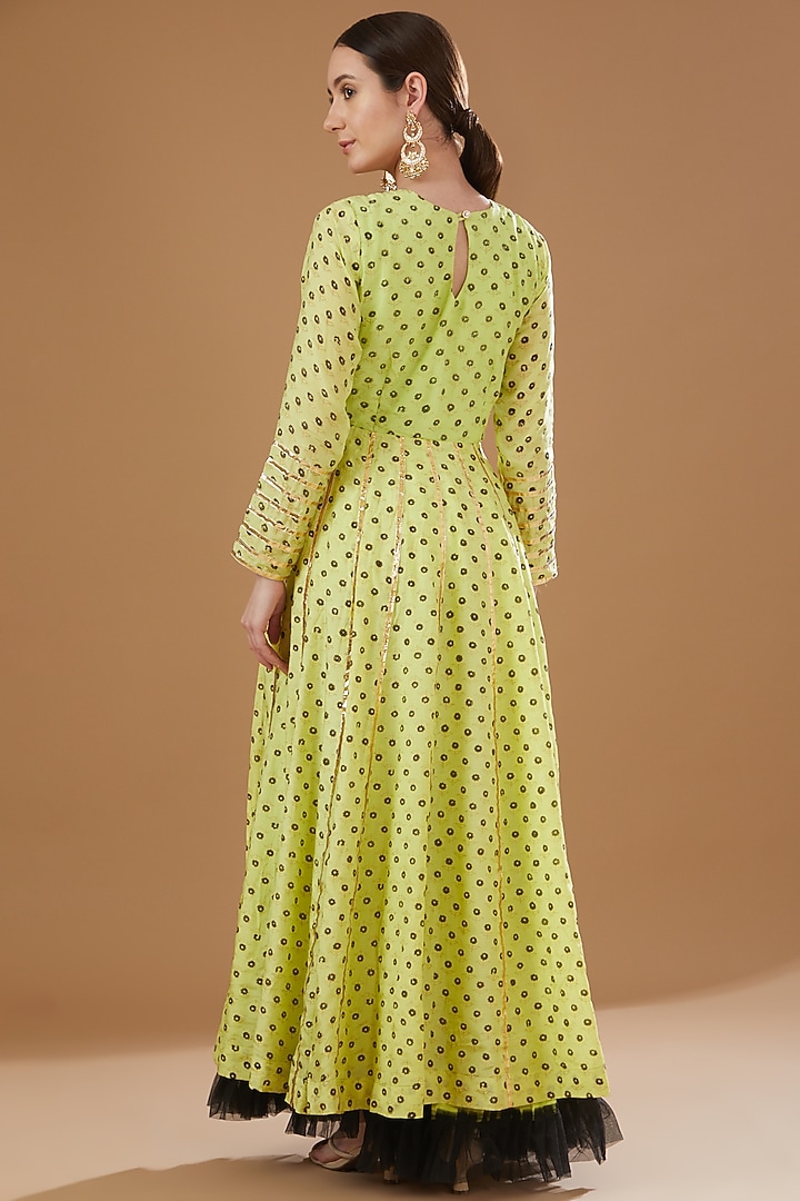 Neon Green Muslin & Shantoon Hand Embroidered Party Wear Anarkali Set by Yuvrani Jaipur at Pernia's Pop Up Shop
