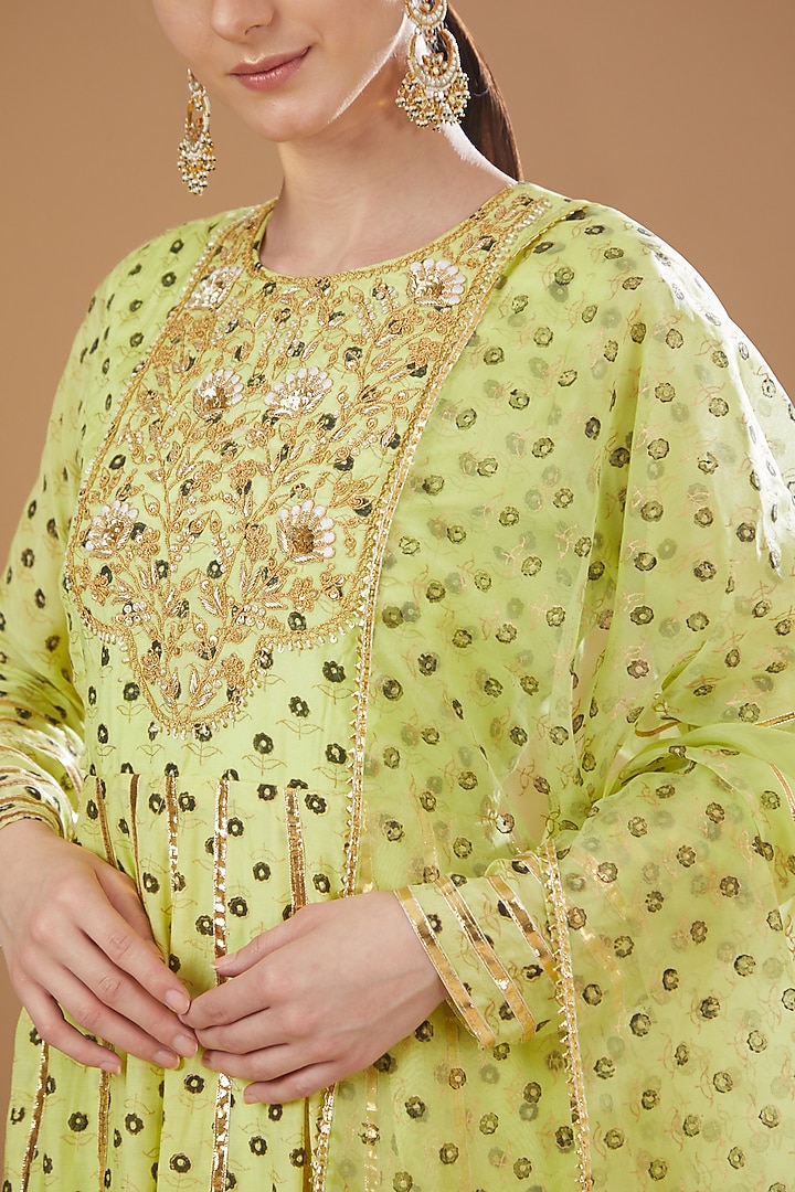 Neon Green Muslin & Shantoon Hand Embroidered Party Wear Anarkali Set by Yuvrani Jaipur at Pernia's Pop Up Shop