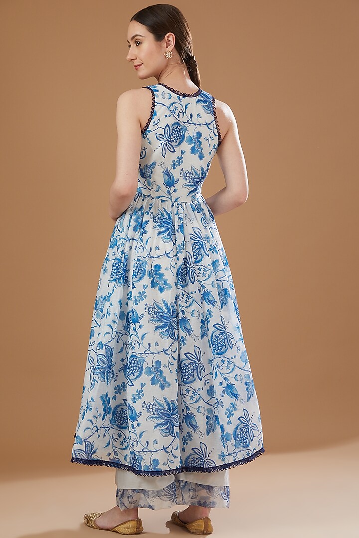 Ivory & Royal Blue Printed Anarkali Set by Yuvrani Jaipur at Pernia's Pop Up Shop