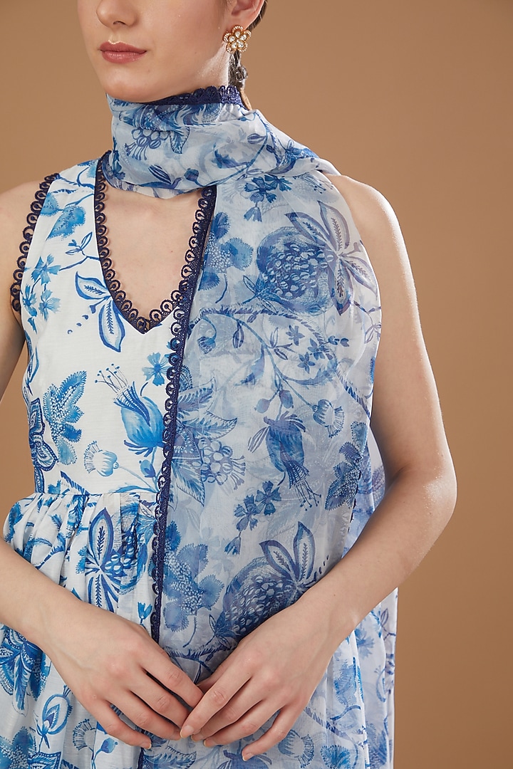 Ivory & Royal Blue Printed Anarkali Set by Yuvrani Jaipur at Pernia's Pop Up Shop