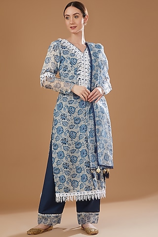 Powder Blue Chanderi Kurta Set by Yuvrani Jaipur