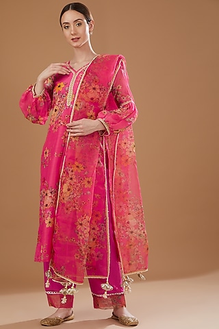 Hot Pink Chanderi Kurta Set by Yuvrani Jaipur