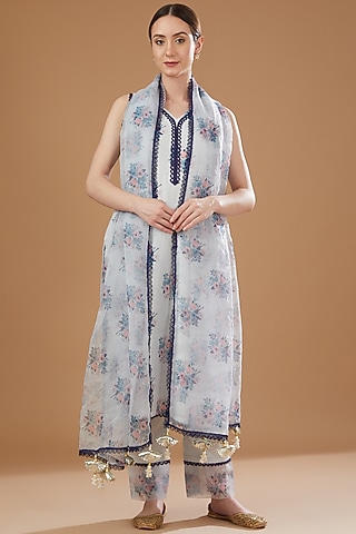 Powder Blue Chanderi Kurta Set by Yuvrani Jaipur