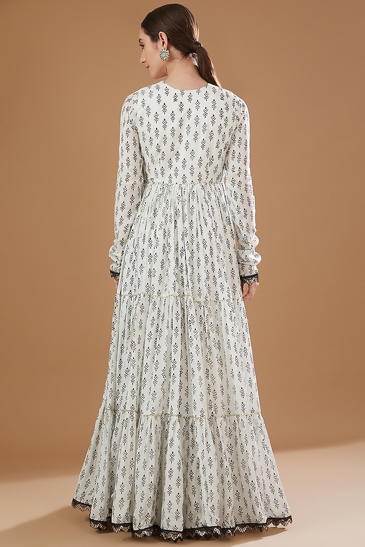 White Muslin Printed & Embroidered Party Wear Anarkali set by Yuvrani Jaipur at Pernia's Pop Up Shop
