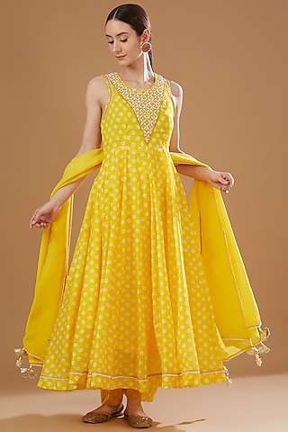 Yellow Chanderi Printed Anarkali Set by Yuvrani Jaipur