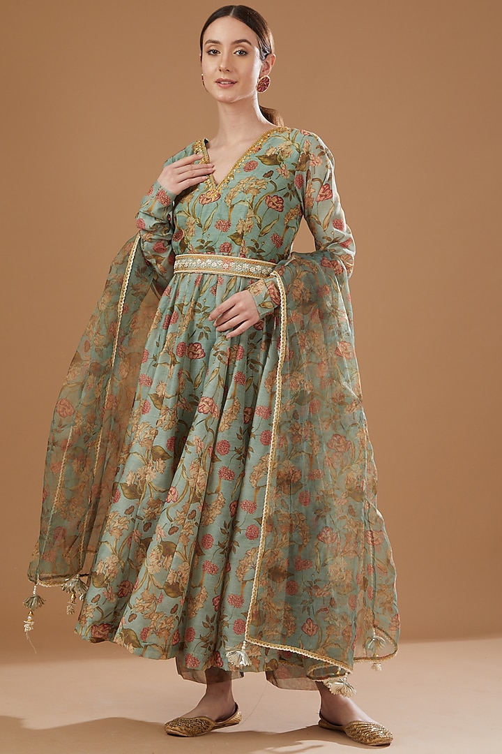 Mint Chanderi Embroidered Anarkali Set by Yuvrani Jaipur at Pernia's Pop Up Shop