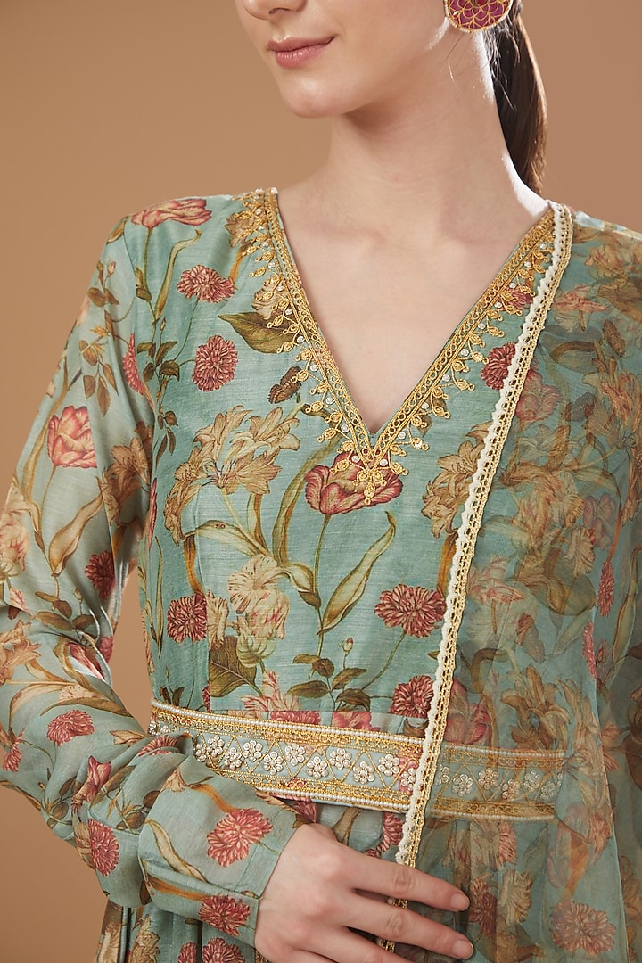 Mint Chanderi Embroidered Anarkali Set by Yuvrani Jaipur at Pernia's Pop Up Shop
